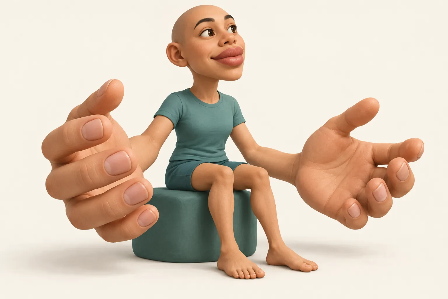 Stylized sensory homunculus with enlarged hands and lips and a smaller torso, illustrating unequal sensory representation in the brain.