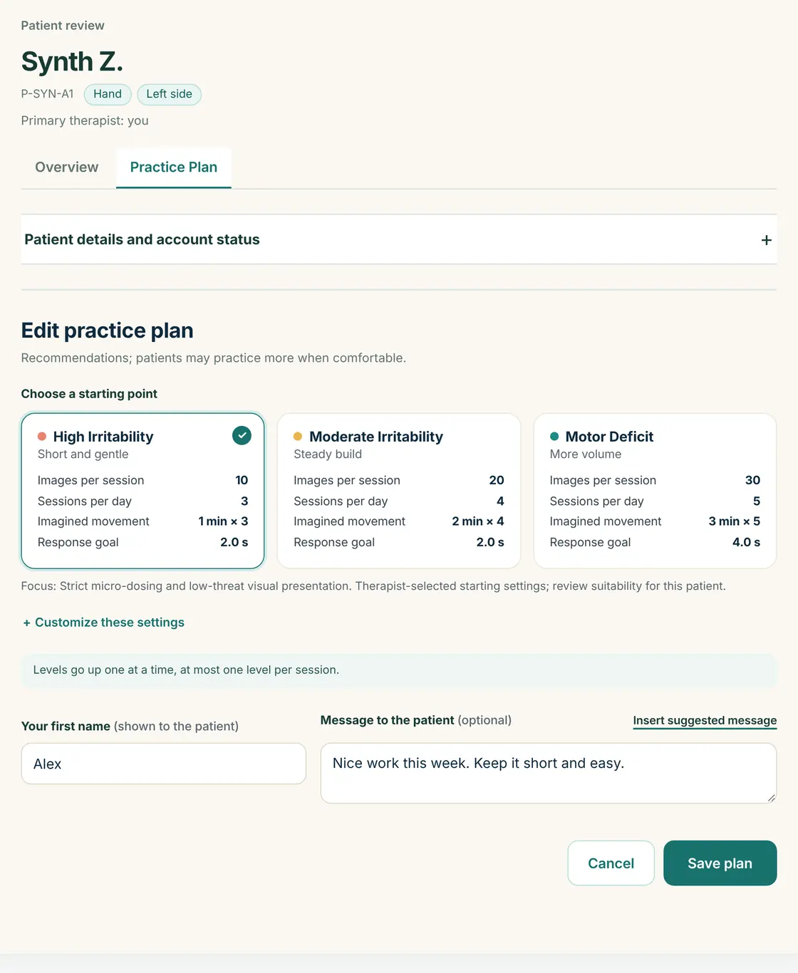 Therapist practice plan editor (synthetic test data)